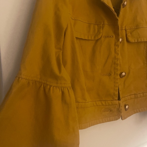 Anthropologie. NORA flounce sleeve trucker cropped jacket in mustard yellow - Picture 3 of 10